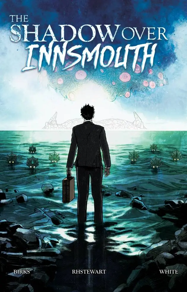 The Shadow Over Innsmouth digital edition front cover showing Robert Olmstead standing ankle deep in water staring out toward the island. In the water creatures slowly and ominously rising.