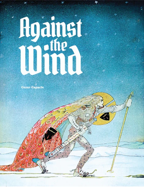 Against the Wind front cover showing an adventurer struggling to walk in a breezy landscape.
