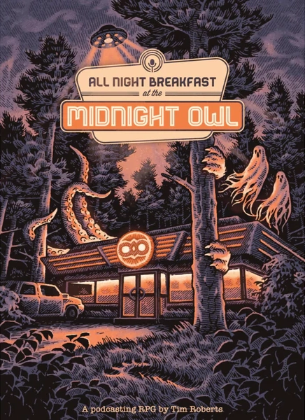 The front cover of All Night Breakfast at the Midnight Owl showing a diner in a mysterious wooded location.